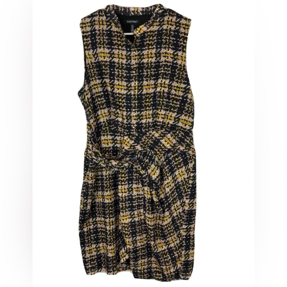 Ellen Tracy, Black Tweed Plaid Sleeveless Mini Dress, Women’s Size Large